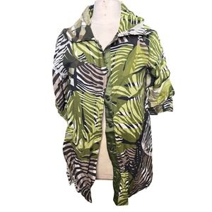 TALIE Womens Green Tropical Leaf Print Button Front Long Jacket Top Size S